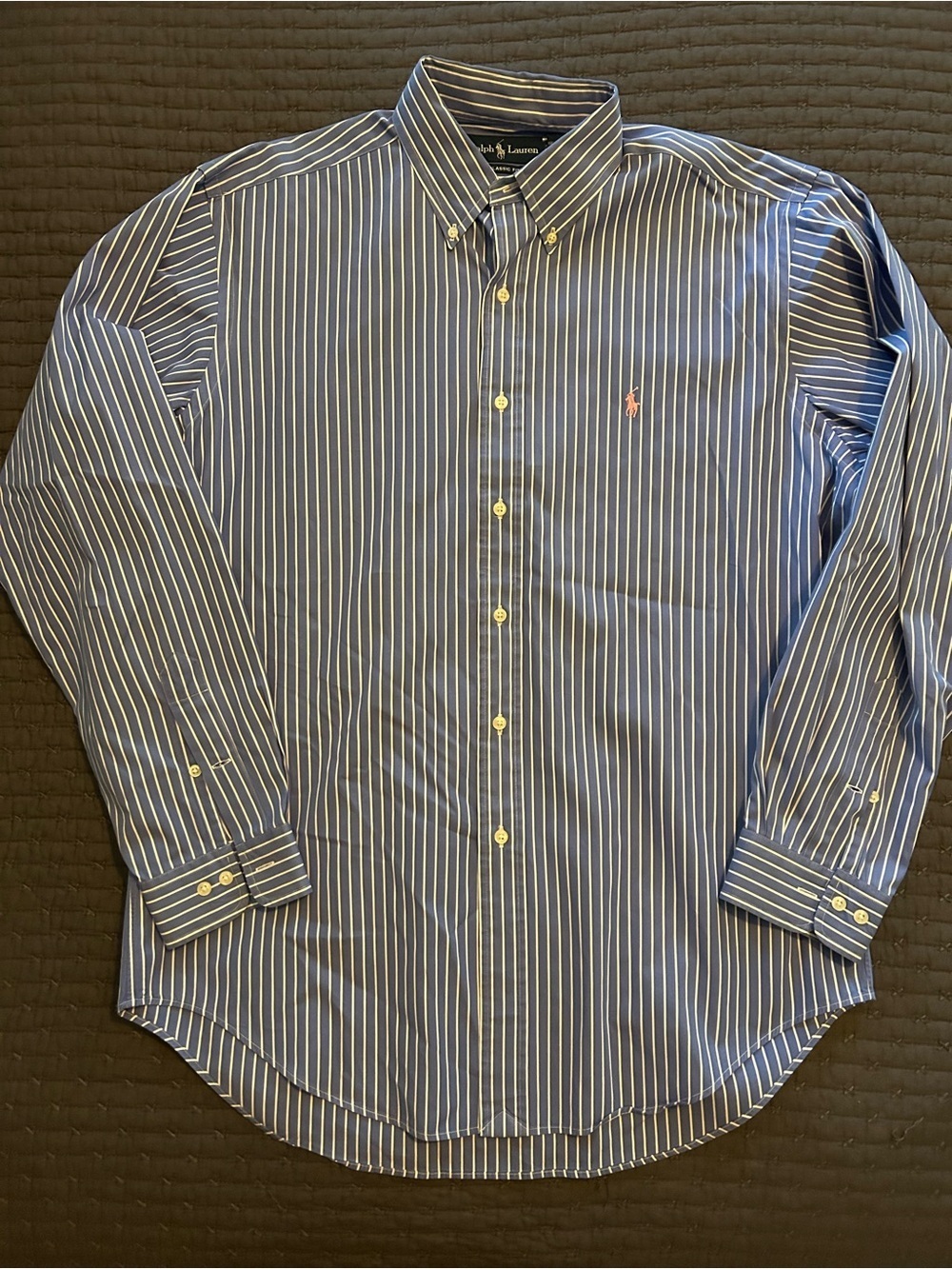 Ralph Lauren Classic Fit Striped Poplin Button Down Shirt. Blue with pink horse